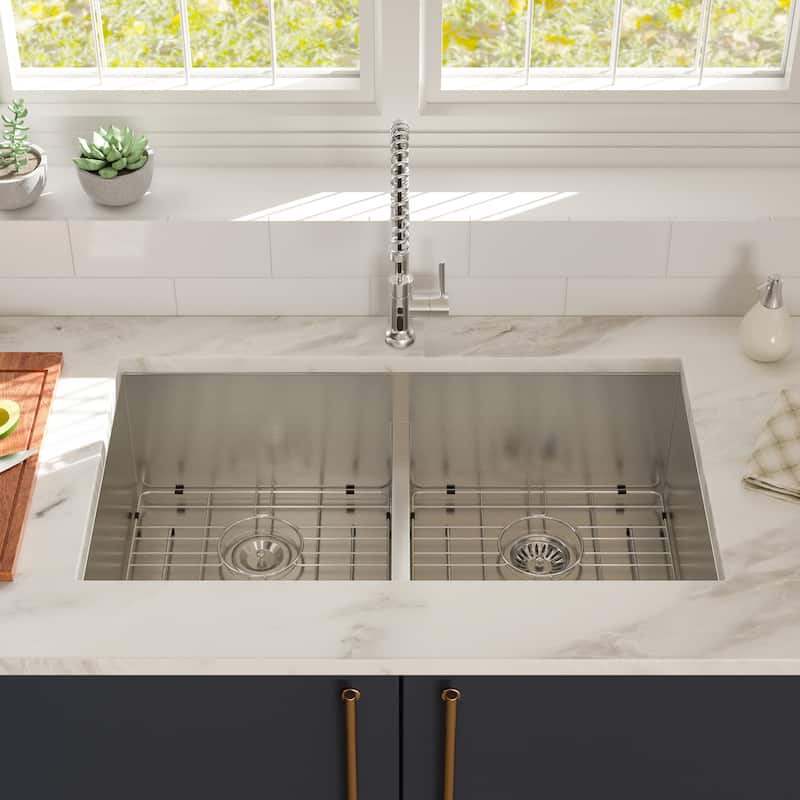 Undermount 16 Gauge Double Bowl Stainless Steel Kitchen Sink in Brushed Nickel - 33'' x 19'' x 10''