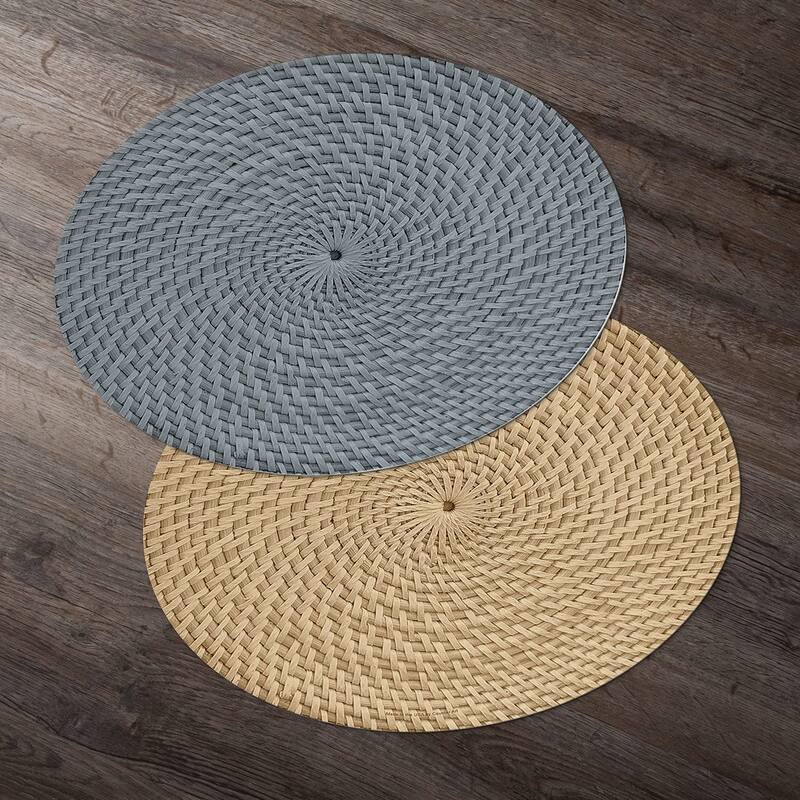 CounterArt Grey and Natural Basket Weave Design Round Reversible Easy Care Plastic Placemat Set of 4 Made in The USA
