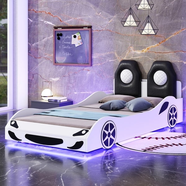 slide 2 of 9, Twin Size Race Car-Shaped Platform Bed with LED and Upholstered Backrest White