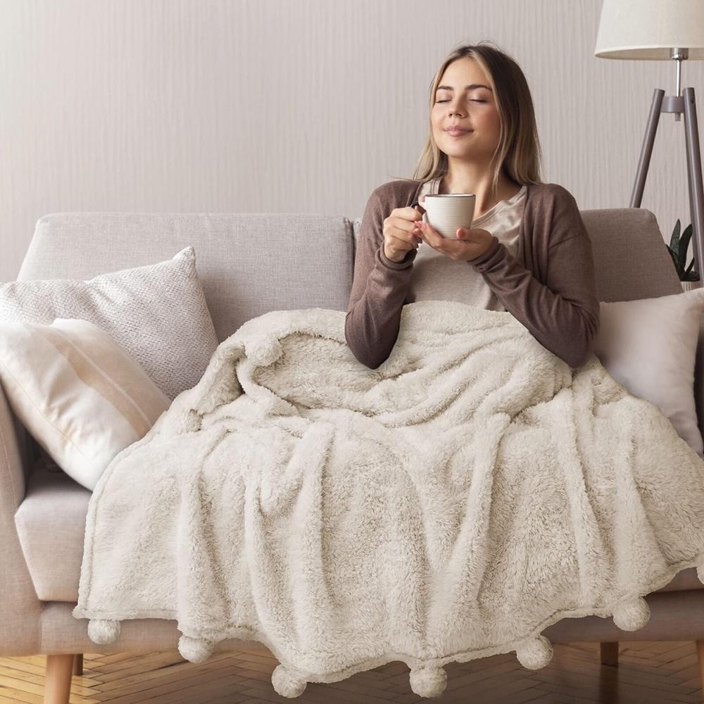 50 x 60 Sherpa Throw Blanket with Soft Pom Pom Fringe Ivory 60 x 50