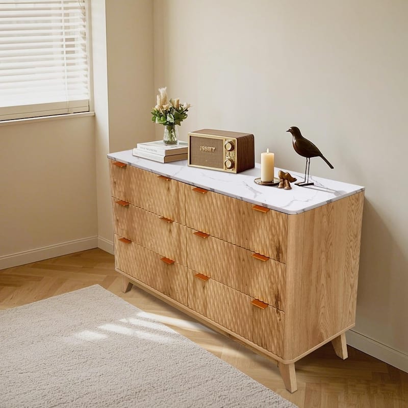 6 Drawer Wood Dresser with Faux Marble Top, 54" Wide Farmhouse Chest, Drip Pattern Design,