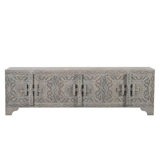 HomeRoots 79" Gray Carved Scrollwork Distressed Solid Wood Enclosed Storage TV Stand - 79' X '24' X '16