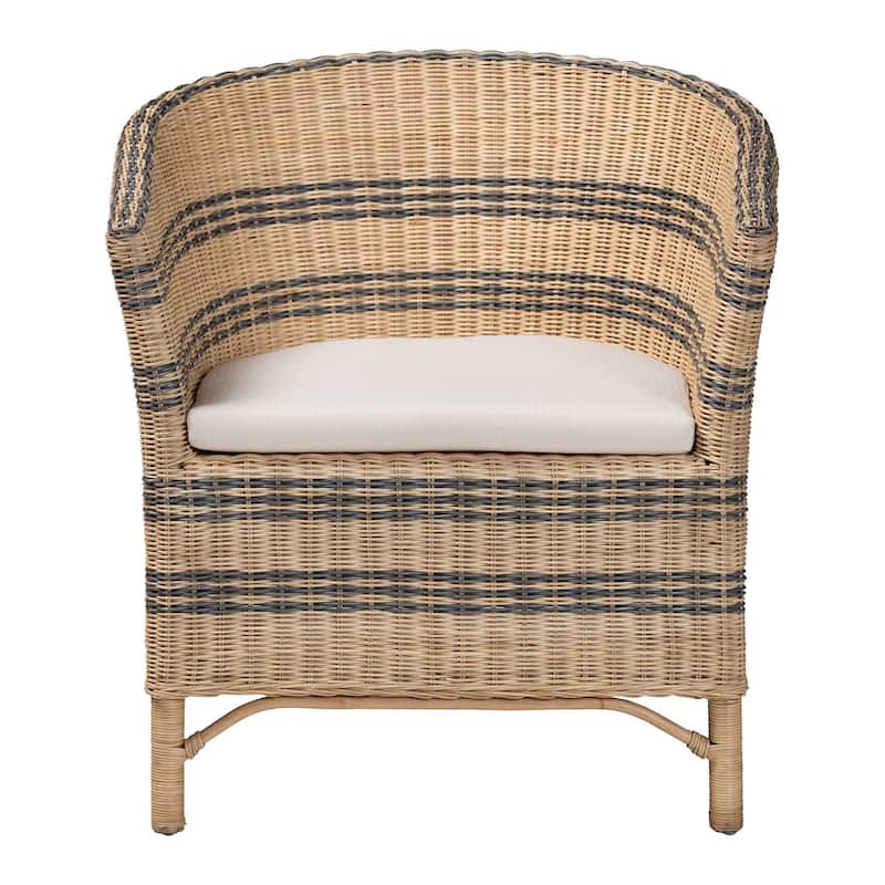 Elda Natural Rattan Accent Chair - Wicker Barrel-Back Chair with Two-Tone Woven Stripes and Cushion, Coastal Boho Style Seating