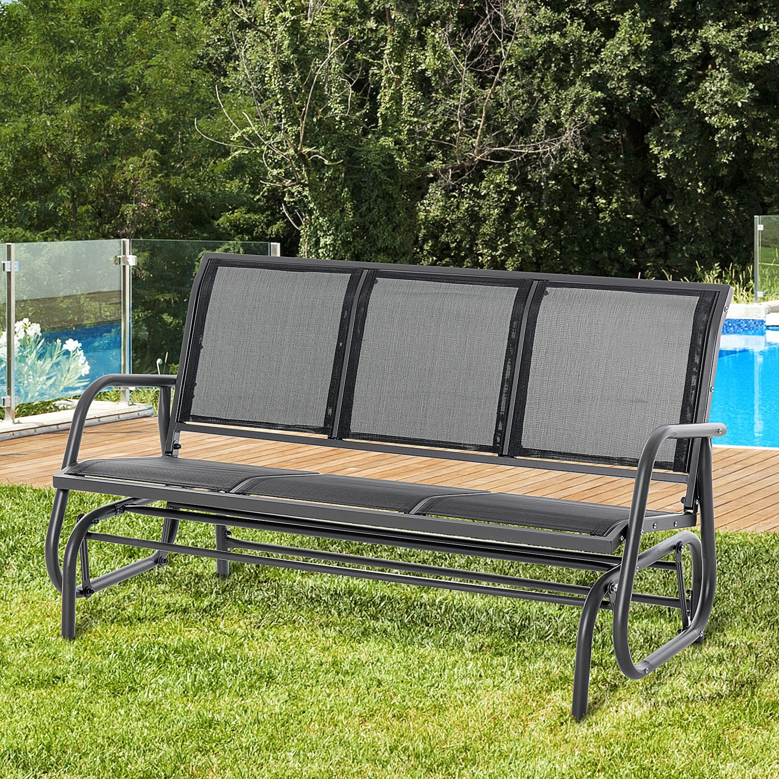 Outsunny 3-Person Patio Glider Bench, Outdoor Porch Glider Swing with 3 Seats, Breathable Mesh Fabric, Metal Frame, Cream White