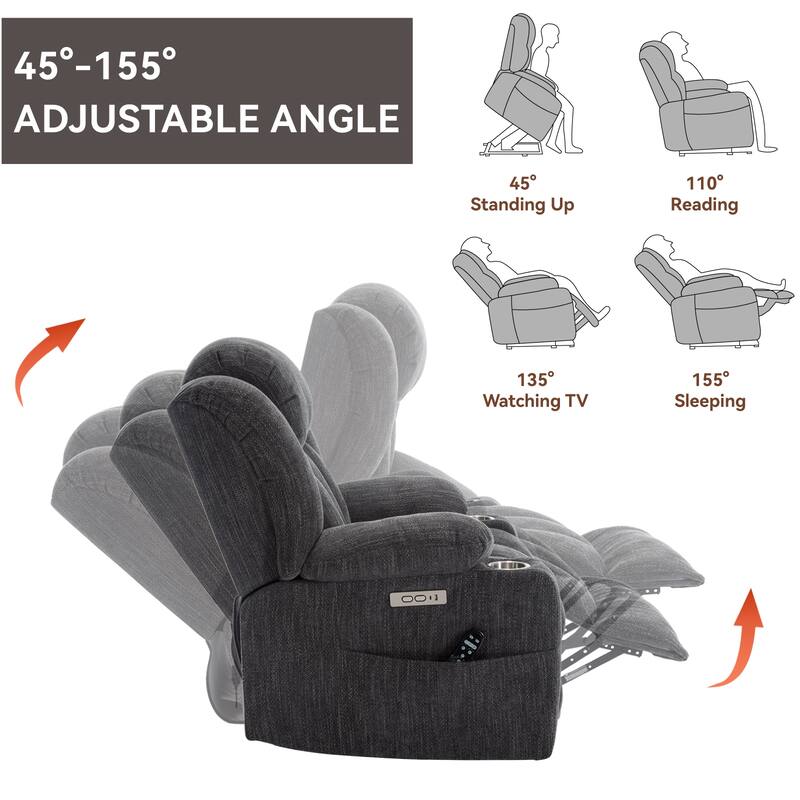 Chenille Power Lift Recliner Chair with Full Body Massage & Heat, USB & Type-C Ports, Stainless Steel Cup Holder