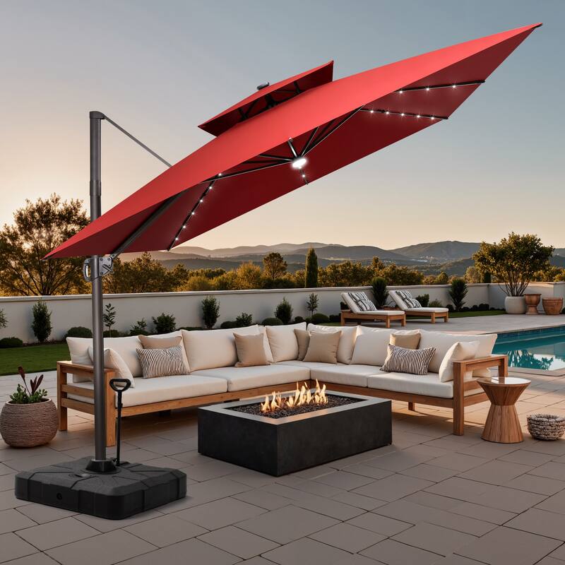 11 FT Square Outdoor Patio Cantilever Umbrella with Solar Lights Rod Wheel Base Double Canopy 360 Rotation Tilt - Red