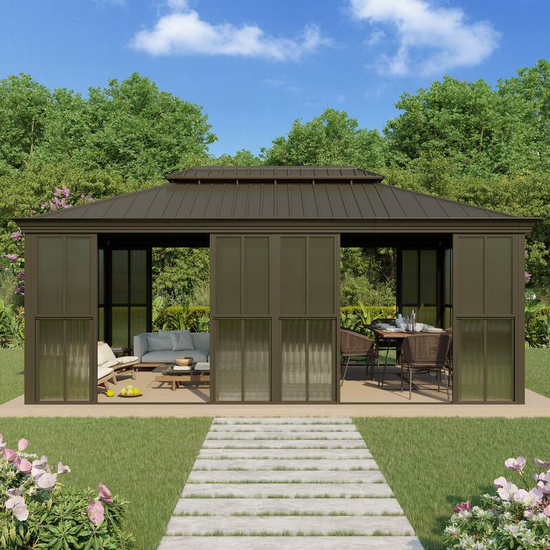 Hardtop Gazebo with Double Steel Roof, Sliding/Lockable Doors & Screens - All-Season Rustproof Aluminum Frame，Advanced Drainage