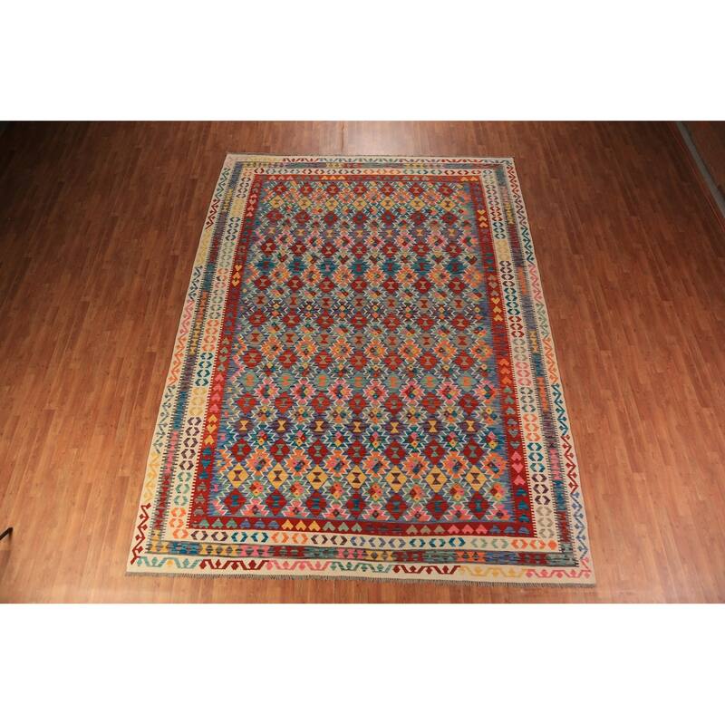 Multi-Color Kilim Oriental Area Rug Flatweave Wool Carpet - 9'9"x 12'11"