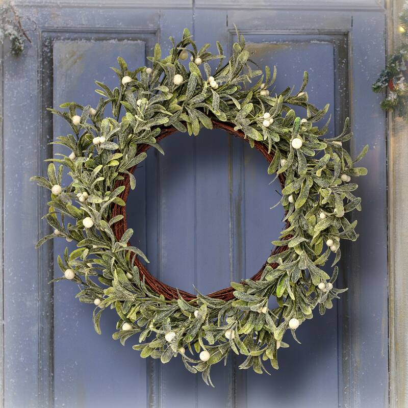22" Frosted Waterproof Mistletoe Berry Wreath - Natural Frost