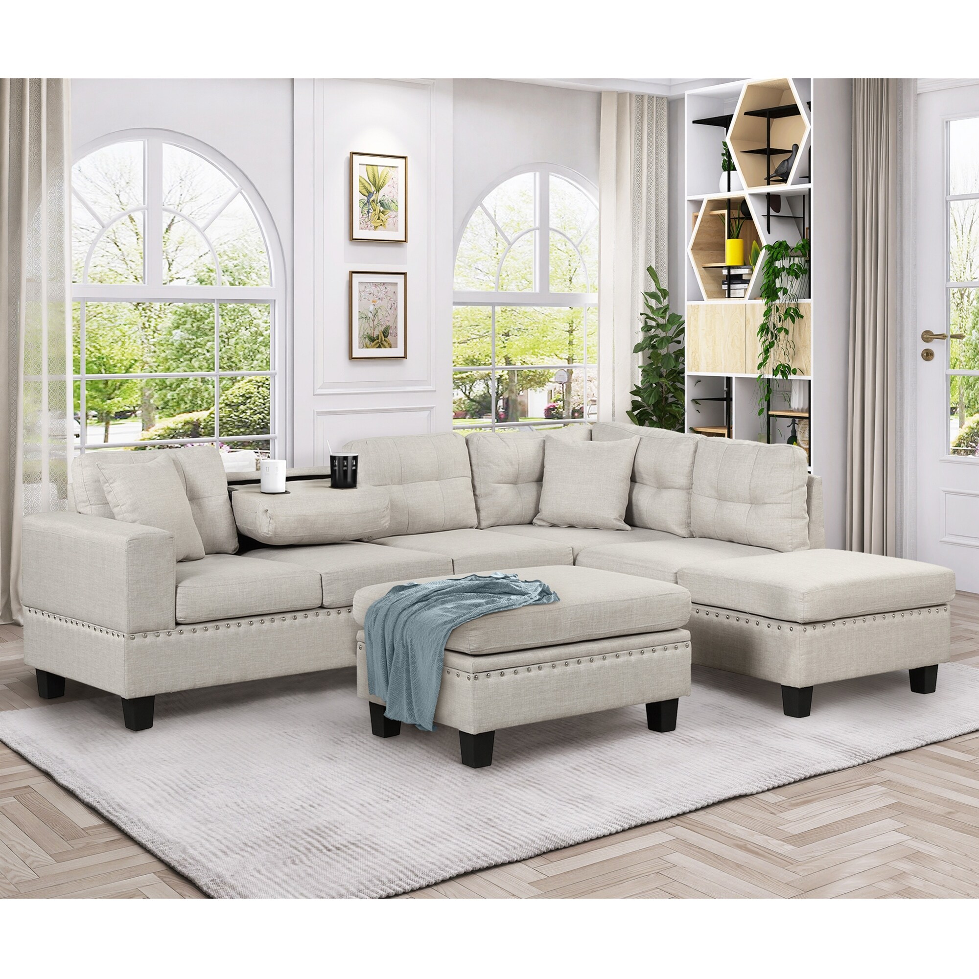 Rivet Design Sectional L Shape Sofa with Reversible Chaise and