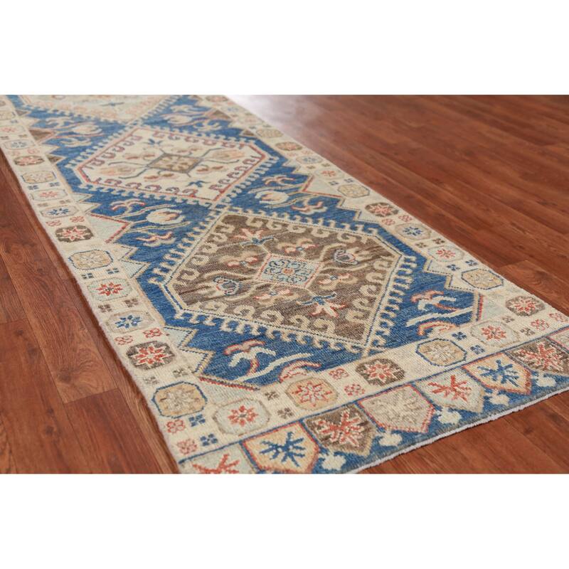 Hand Knotted Oriental 100% Wool Carpet Transitional Geometric Navy Blue & Blues Oushak Runner Rug - 9' 11'' X 2' 7''