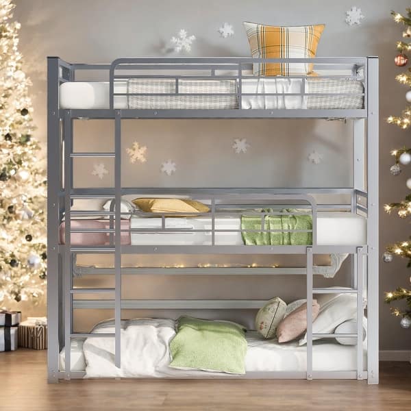 slide 2 of 7, Metal Twin Size Triple Bunk Bed in Silver, Space-Saving Design with Sturdy Construction and Safety Guardrails Silver