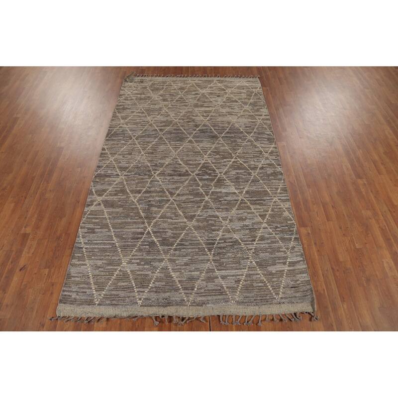 All-Over Trellis Moroccan Oriental Area Rug Handmade Beige Wool Carpet - 5'8"x 9'6"