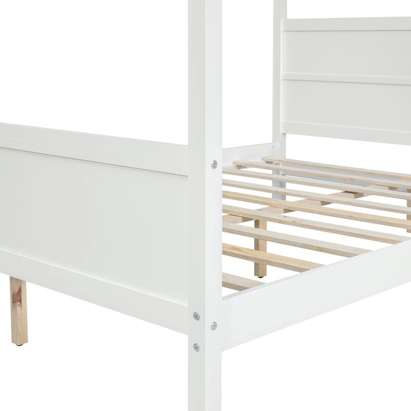 White Modern Pine Wood Canopy Bed, Headboard/Footboard, Storage Space Under