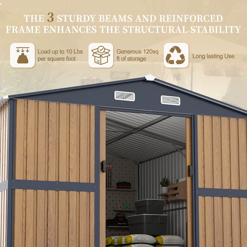 10X12 FT Outdoor Steel Storage Shed with Lockable Doors, 2 Windows, Garden Shed Ideal for Backyard, Patio Storage