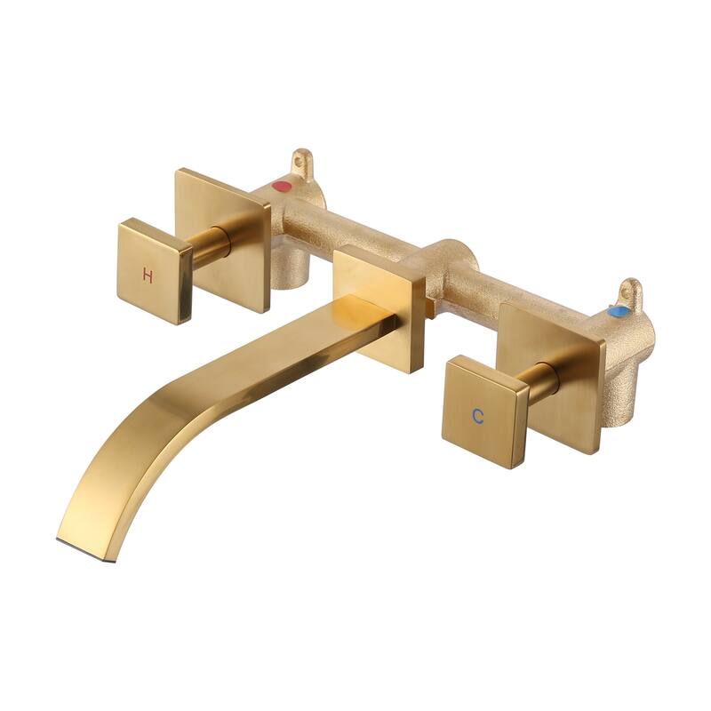 WOWOW Double Handle Wall Mounted Waterfall Bathroom Faucet - Brushed Gold