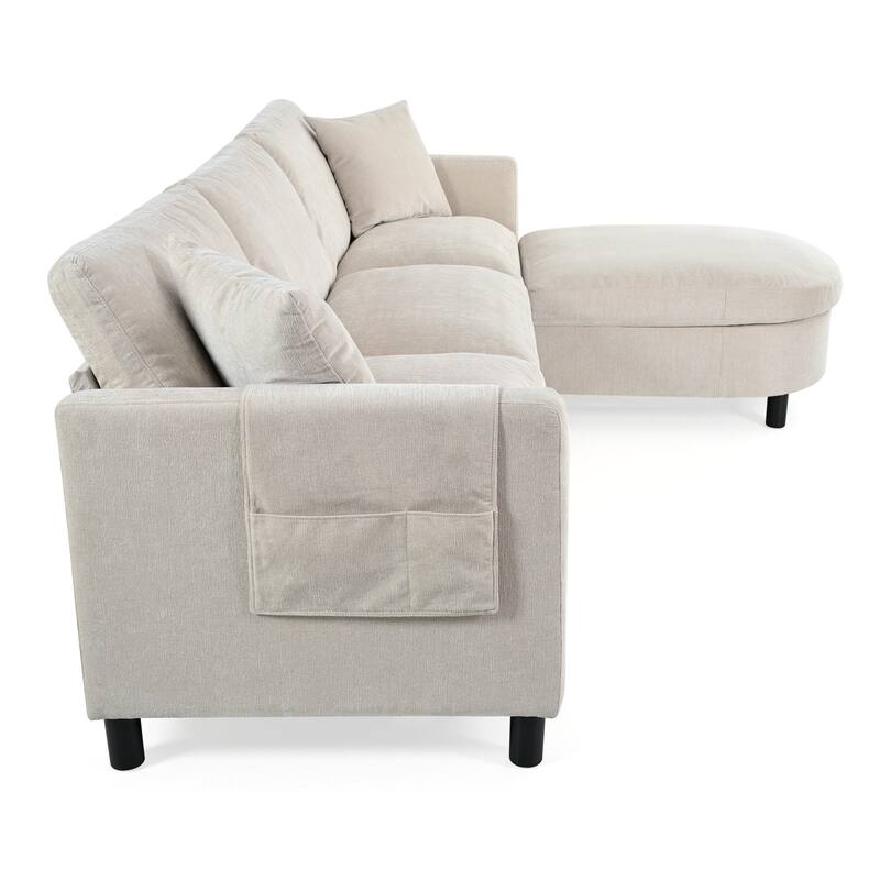 Beige Sectional Sofa, 107.87" with Ottoman, Removable Cushions, and Armrest Pockets
