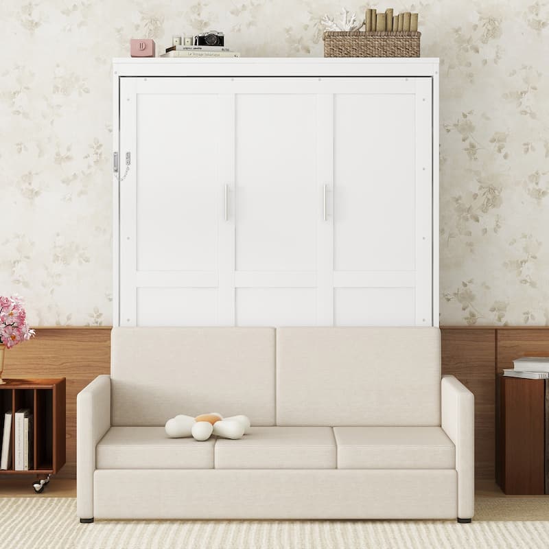 Queen Size Murphy Wall Bed with Integrated Cushion, Hydraulic Folding System, Space Optimization - White