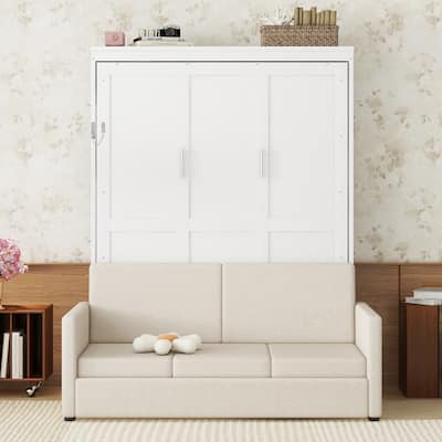 Queen Size Murphy Wall Bed with Integrated Cushion, Hydraulic Folding System, Space Optimization