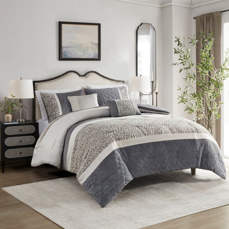 Madison Park Willow 5 Piece Textured Jacquard Stripe Comforter Set with Throw Pillows
