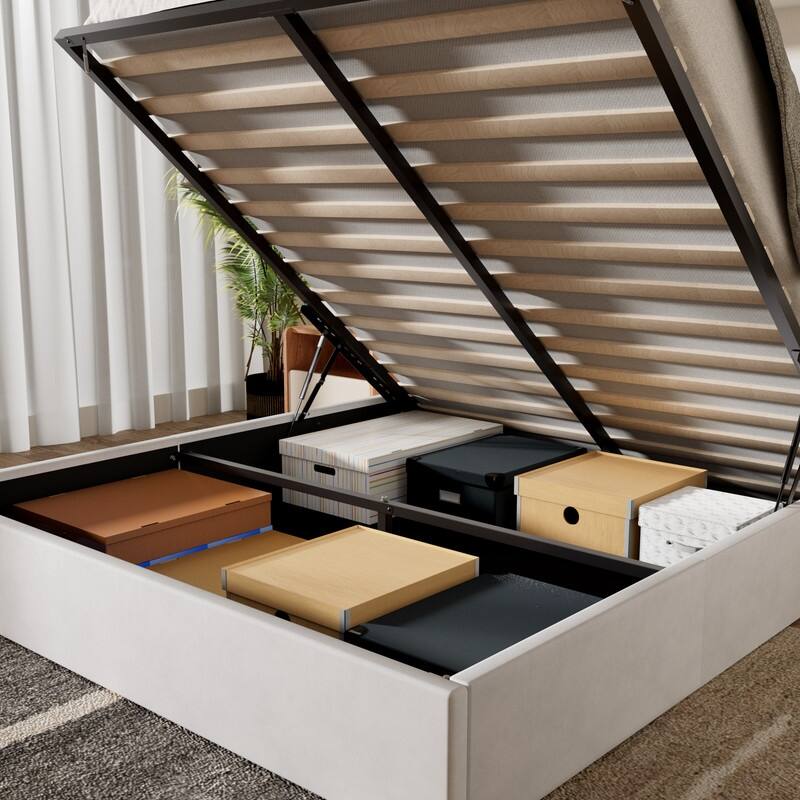 Plywood Frame Upholstered Platform Bed with Lift-up Storage Supported by Metal and Wooden Slats