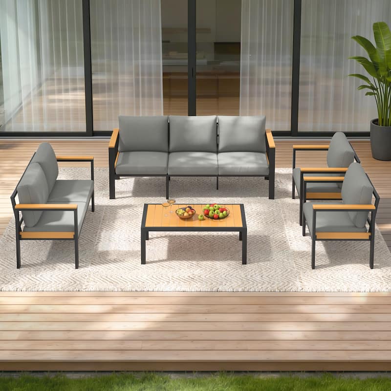 4/5/7-Piece Patio Conversation Set with Table, All-Weather Aluminum Furniture for Outdoor Living - Gray/Black - Set 5 - Grey