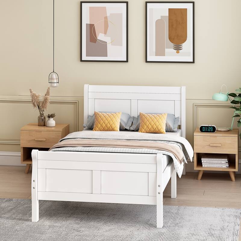 Twin Wood Platform Bed Frame Mattress Foundation Sleigh Bed with Headboard/Footboard/Wood Slat Support - White