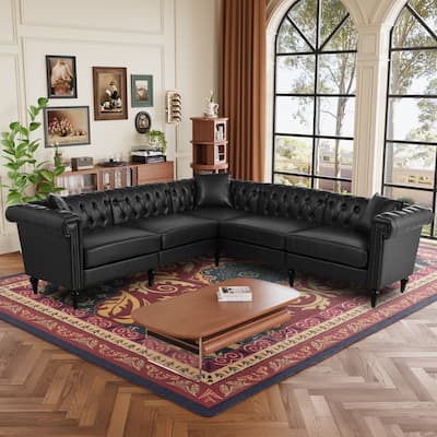 GDFStudio - Belmont 99" L-Shaped Reversible Chesterfield PU Leather Sectional Sofa with Nailhead Trim & Tufted Back