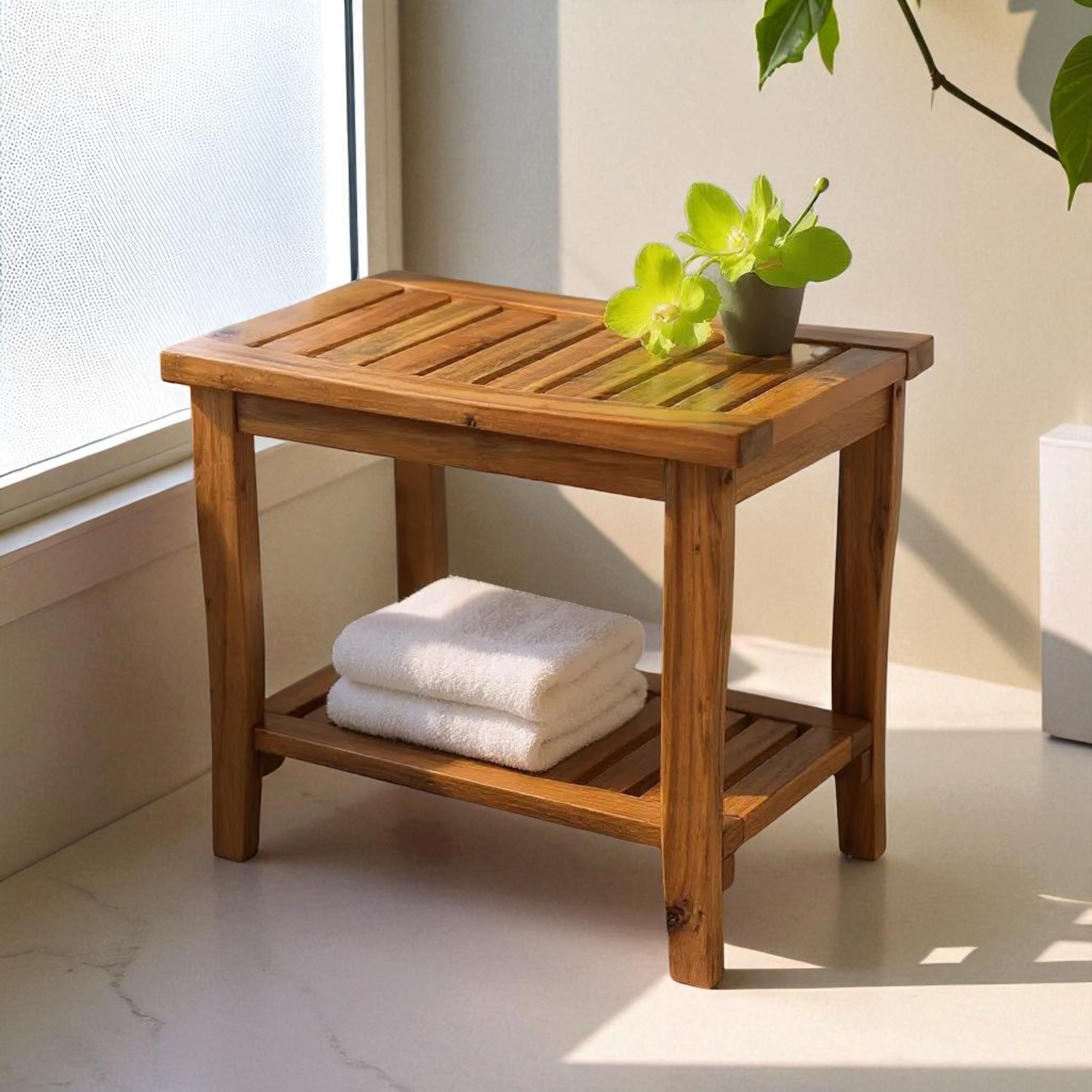 Acacia Wood 2-Tier Shower Bench Spa Stool with Storage and Non-Slip Feet