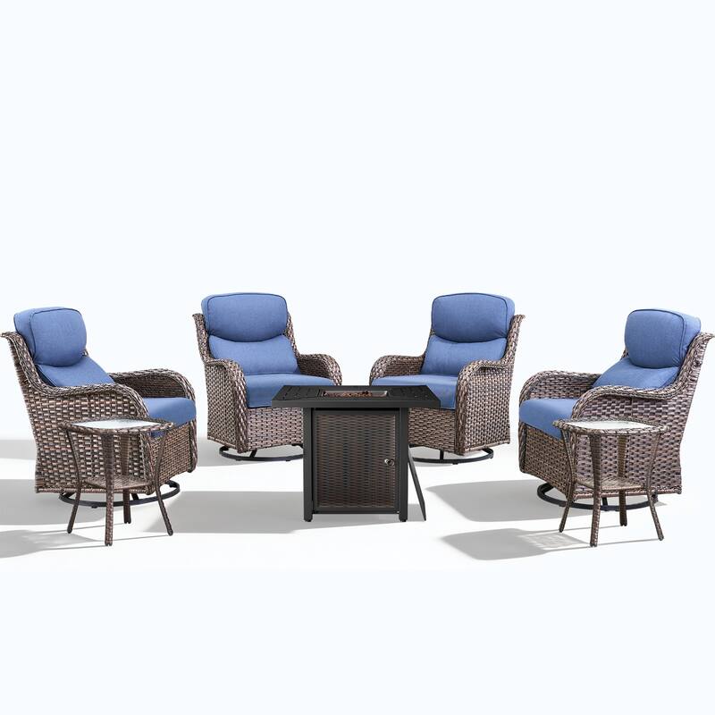 Meyreso 7-Piece Outdoor Patio Wicker Fire Pit 4 person Conversation Set with 5-Inch Thick Cushions