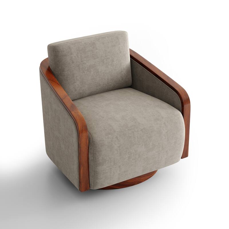 Upholstered Swivel Barrel Chair with Curved Wood Arms