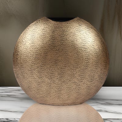 Bier Decor Vase, Curved Mouth, 16 Inch Round Metal Frame, Flat Base, Gold