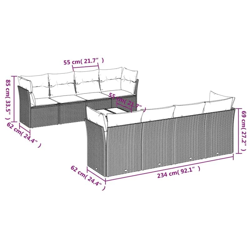 vidaXL 9 Piece Patio Sofa Set with Cushions Black/Brown/Gray Poly Rattan - 24.4 x 24.4 x 27.2