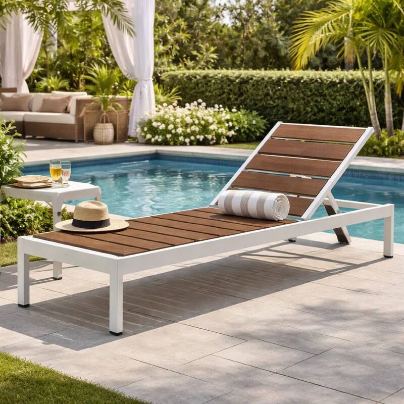 Josh 76 Inch Outdoor Chaise Lounger, White Aluminum Frame, Adjustable Back