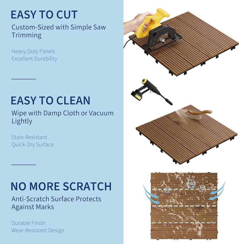 Acacia Wood Deck Tiles, 12"X12", Interlocking