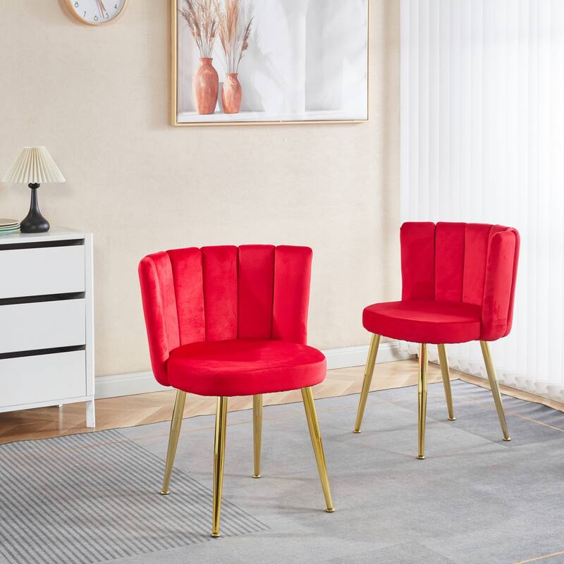 Modern 2 Piece Velvet Kitchen Dining Chairs with Cushions, Gold Metal Legs, Backrest for Dining Room Kitchen Living Room Bedroom - Red
