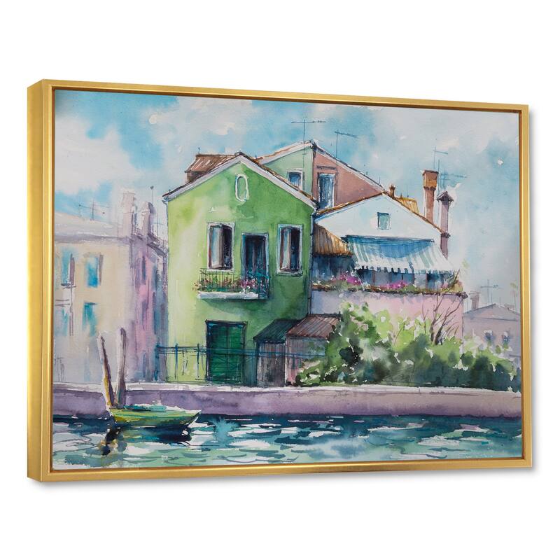 Designart "Sunny Day On The Waterfront On The Island" French Country Framed Canvas Wall Art Print