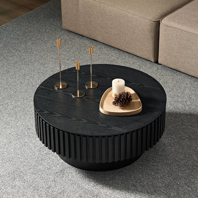 31.5" Round Wood Coffee Table with Storage, Modern Handcraft Drum Coffee Table, Stylish Circle Wooden Center Table