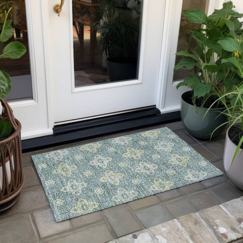 Machine Washable Indoor/ Outdoor Traditional Columbus Chantille Rug - Teal - 1'8" x 2'6"