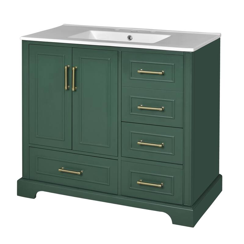 36" Traditional Bathroom Vanity with Ceramics Sink, Bathroom Cabinet with Two Soft Close Doors and Four Drawers