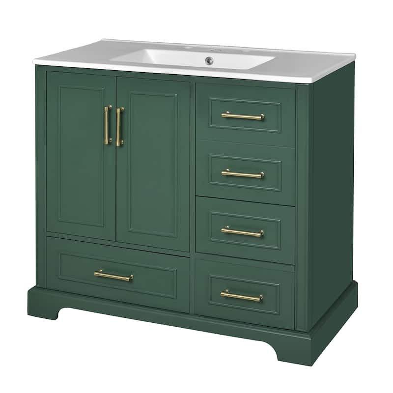 GDFStudio - Altair Wood & Ceramic 36" Traditional Bathroom Vanity with Sink, 2 Soft-Close Doors & 4 Drawers