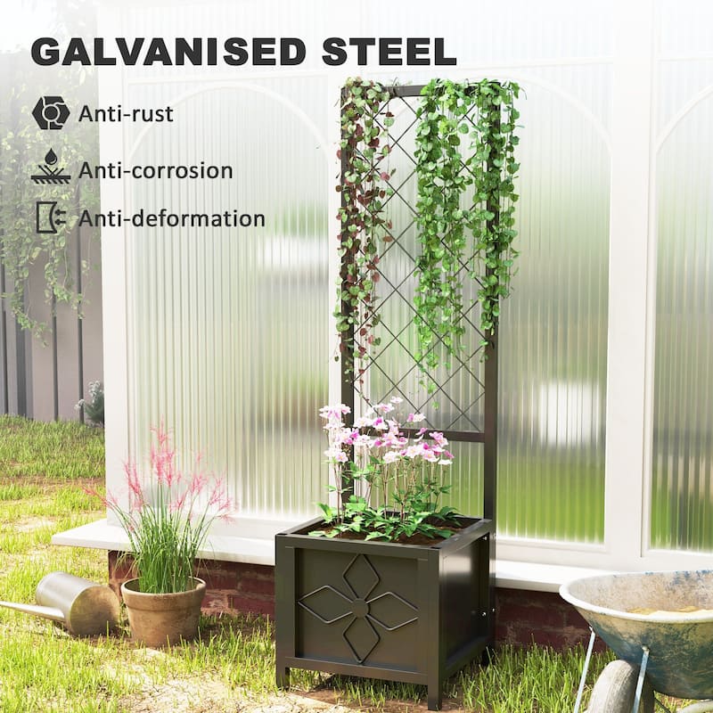 Galvanized Raised Garden Bed with Trellis, Metal Planter Box with Drainage Holes For Climbing Plants, Vegetable