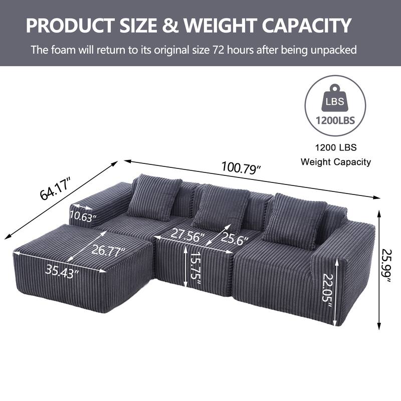 Modern L-Shape Modular Sectional Sofa with Deep Seats, Right Facing Chaise for Living Room in Dark Gray