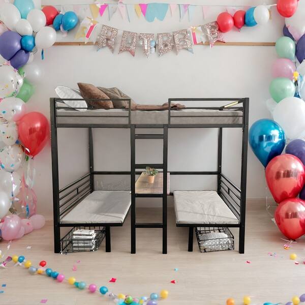 slide 2 of 7, Twin Size Loft Bed with Table Sets Transformable to Twin over Twin Bunk Bed,Kids Bed Design Black