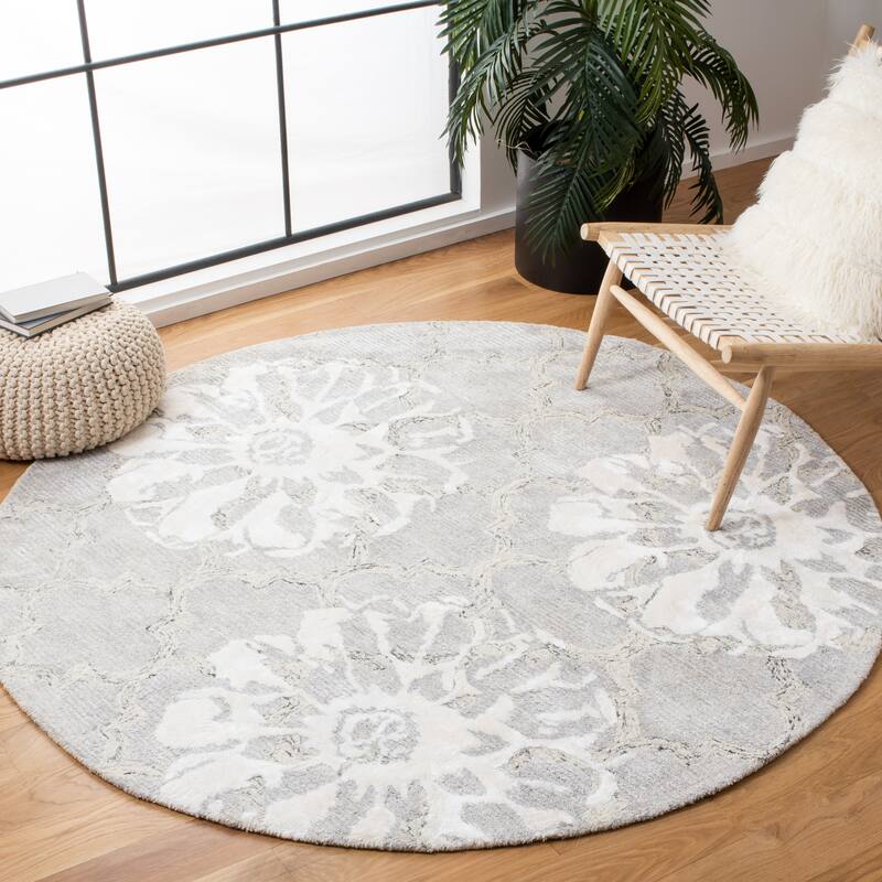 SAFAVIEH Handmade Glamour Florelle Floral Trellis Wool/ Viscose Rug - 6' Round - Silver/Ivory
