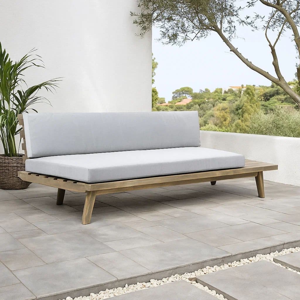 Deco Outdoor Sofa, 2 Seater, Gray Fabric, Brown Slatted Wood, 76 Inch