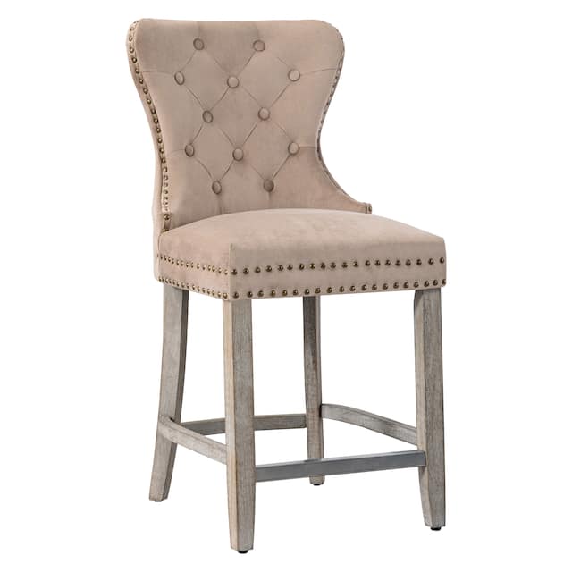 Carter 29" Wingback Tufted Nailhead Bar Stool with Antique Grey Legs