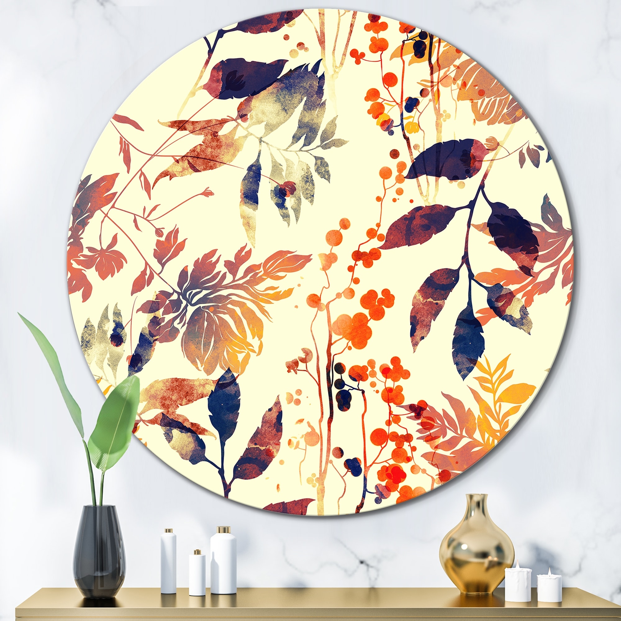 Designart 'Abstract Flowers And Leaves In Vintage Yellow' Patterned Metal  Circle Wall Art Bed Bath  Beyond 35987155