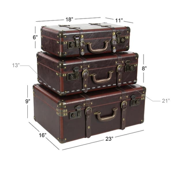 Brown Faux Leather Nesting Upholstered Decorative Trunk with Vintage Accents and Studs (Set of 3)