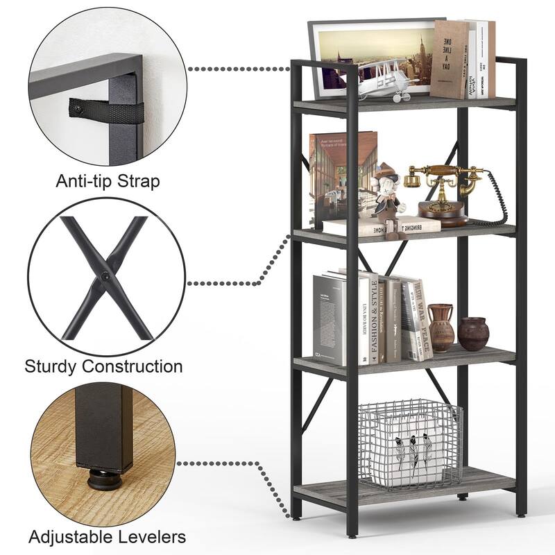 Industrial 4 Tier Bookshelf, Modern Open Etagere Bookcase, Wood Metal